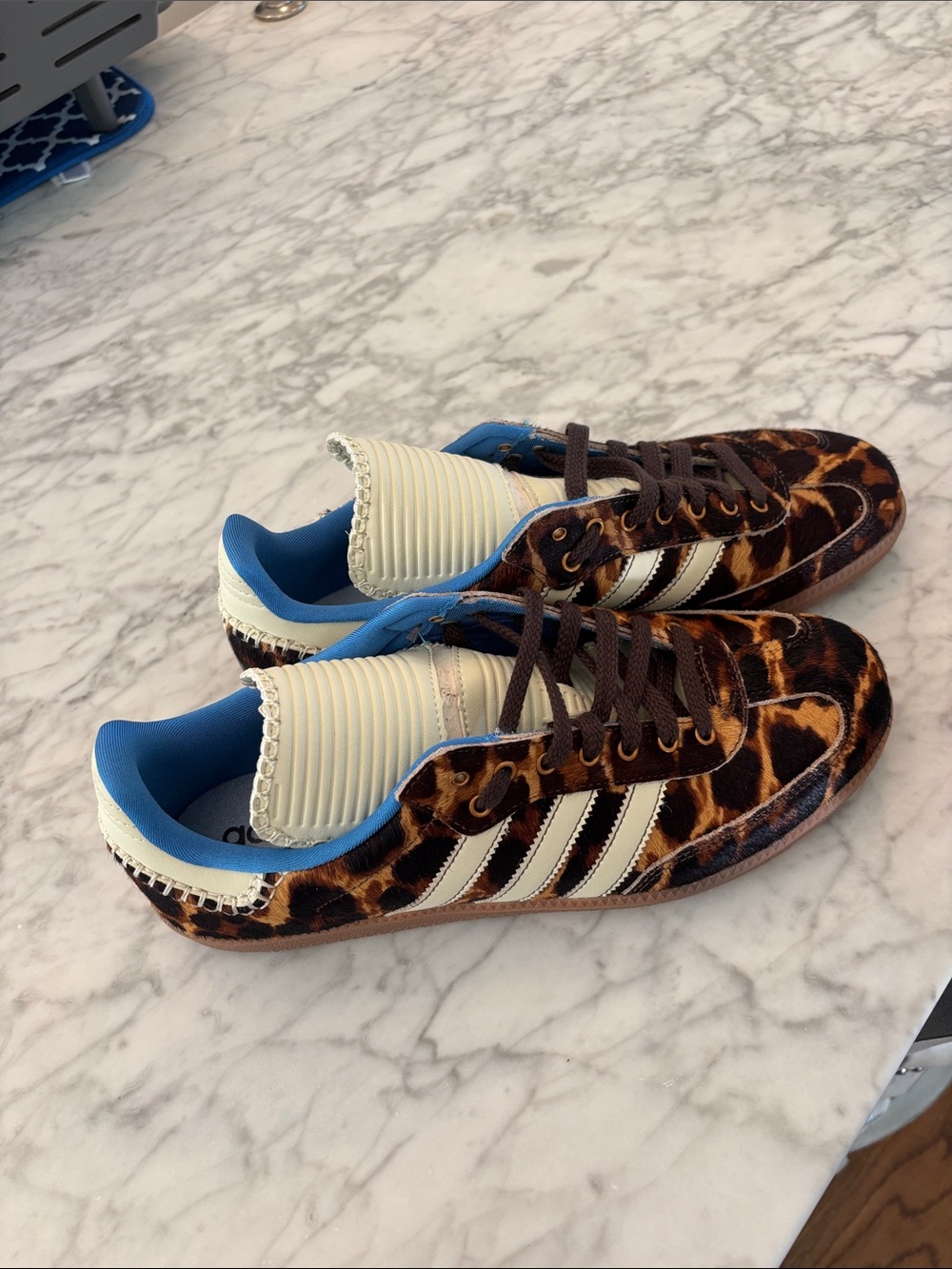 Brand new pony hair adidas Leopard Print Sneakers, Cream Stripes & Blue Lining
